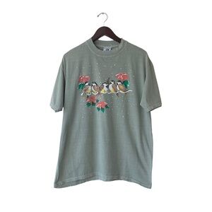 Vintage Anvil Green Holiday Bird Poinsettia Cotton Tee Shirt Size Large